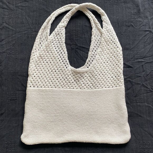 Y2K Knit Crochet Shoulder Bag. White. Boho Hippie Festival. 19”x15”. Summer. - Picture 4 of 7